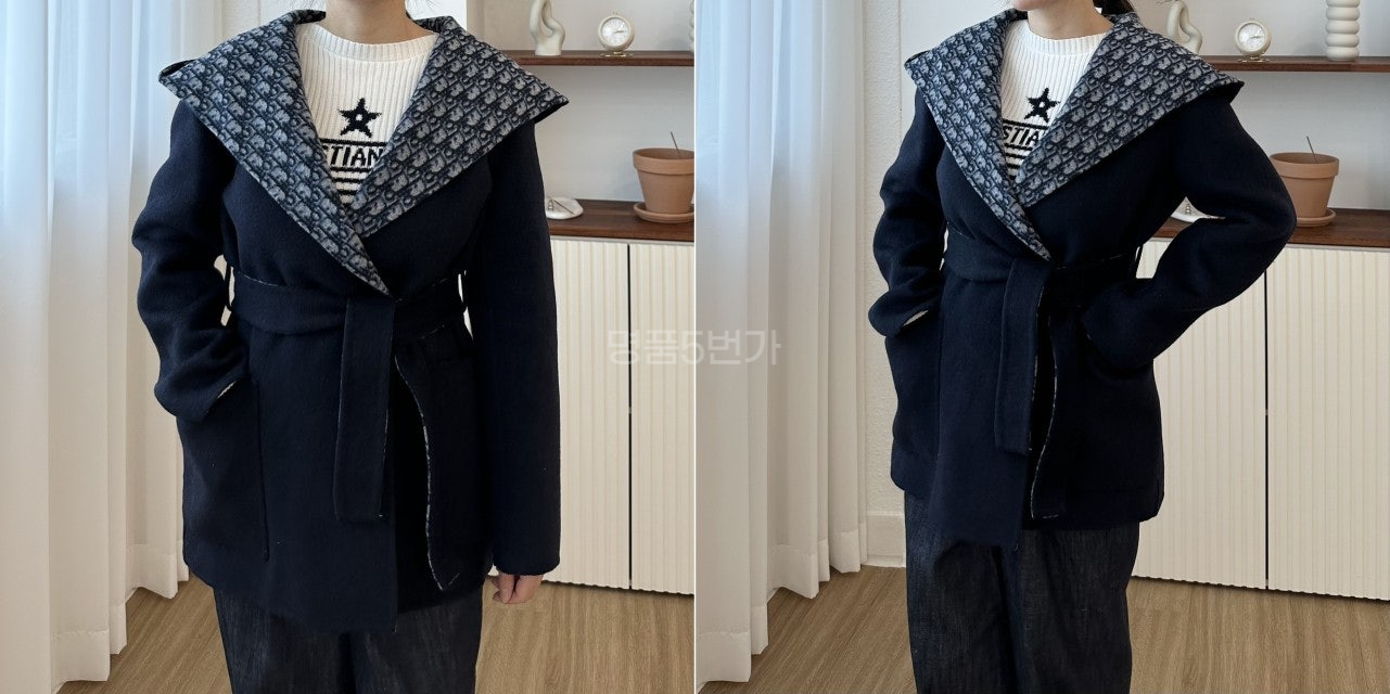 디올 오블리크 양면 크롭 울 후드 코트 네이비 상품 이미지 3